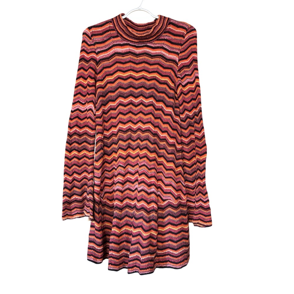 Free People Ziggy Chevron Bell Sleeve Sweater Tunic Dress Sz M Fall Festival 70s